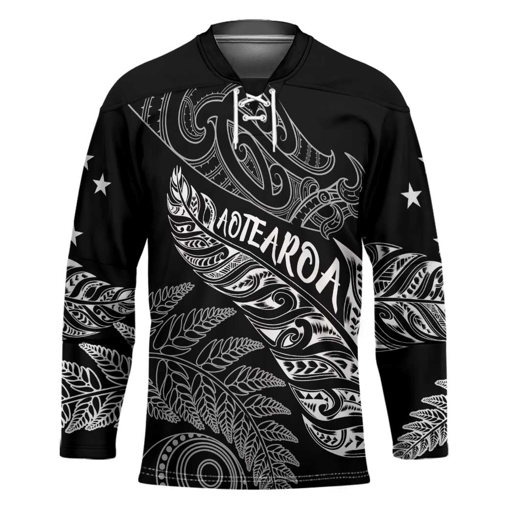Aotearoa Personalized Lawn Bowls Maori Hockey Jersey New Zealand Black Tribal Silver Fern LT7 Unisex Black - Polynesian Pride