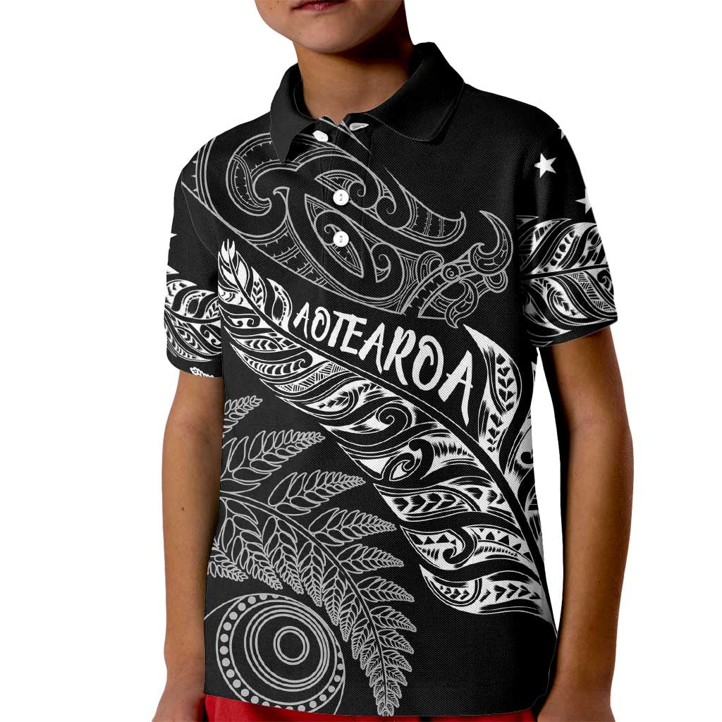 Aotearoa Personalized Lawn Bowls Maori Kid Polo Shirt New Zealand Black Tribal Silver Fern LT7 Kid Black - Polynesian Pride