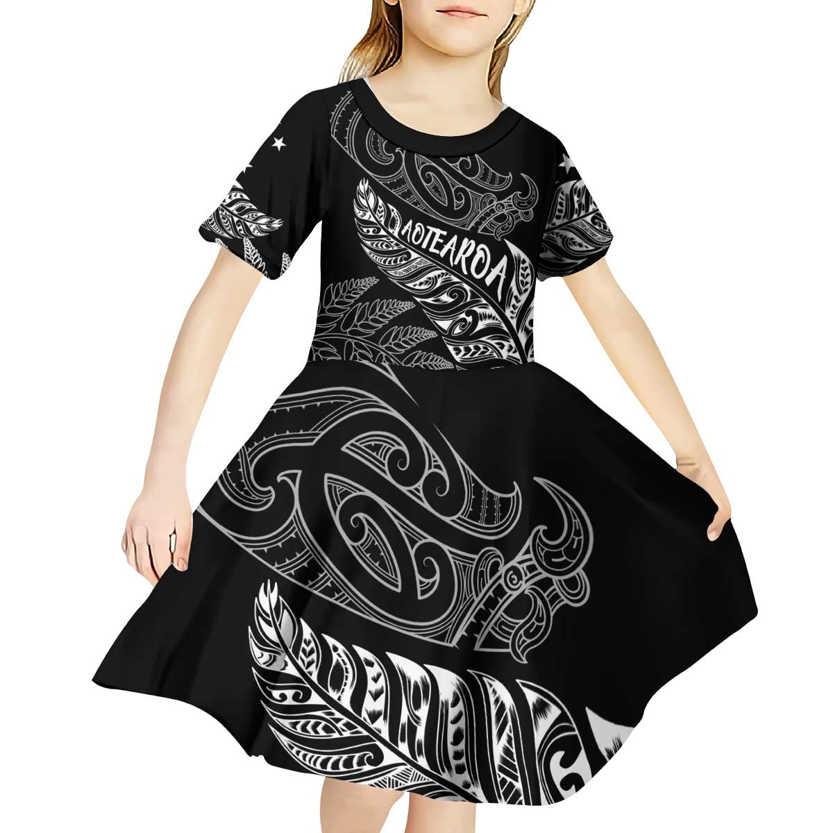 Aotearoa Personalized Lawn Bowls Maori Kid Short Sleeve Dress New Zealand Black Tribal Silver Fern LT7 - Polynesian Pride