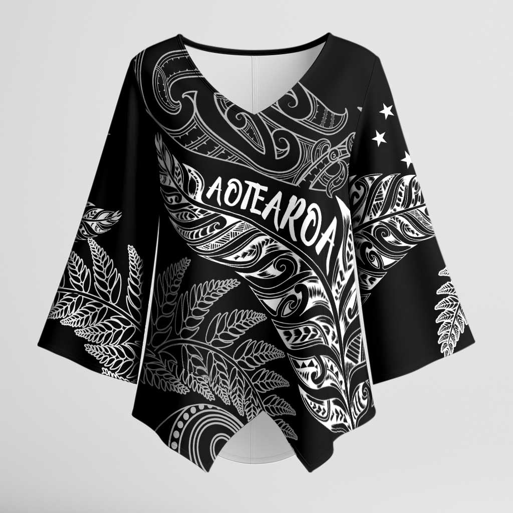Aotearoa Personalized Lawn Bowls Maori Kimono Sleeve Blouse New Zealand Black Tribal Silver Fern LT7 Female Black - Polynesian Pride