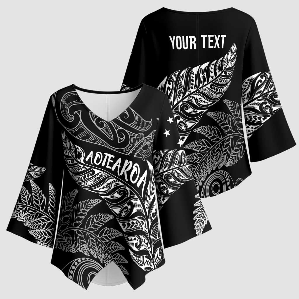 Aotearoa Personalized Lawn Bowls Maori Kimono Sleeve Blouse New Zealand Black Tribal Silver Fern LT7 - Polynesian Pride