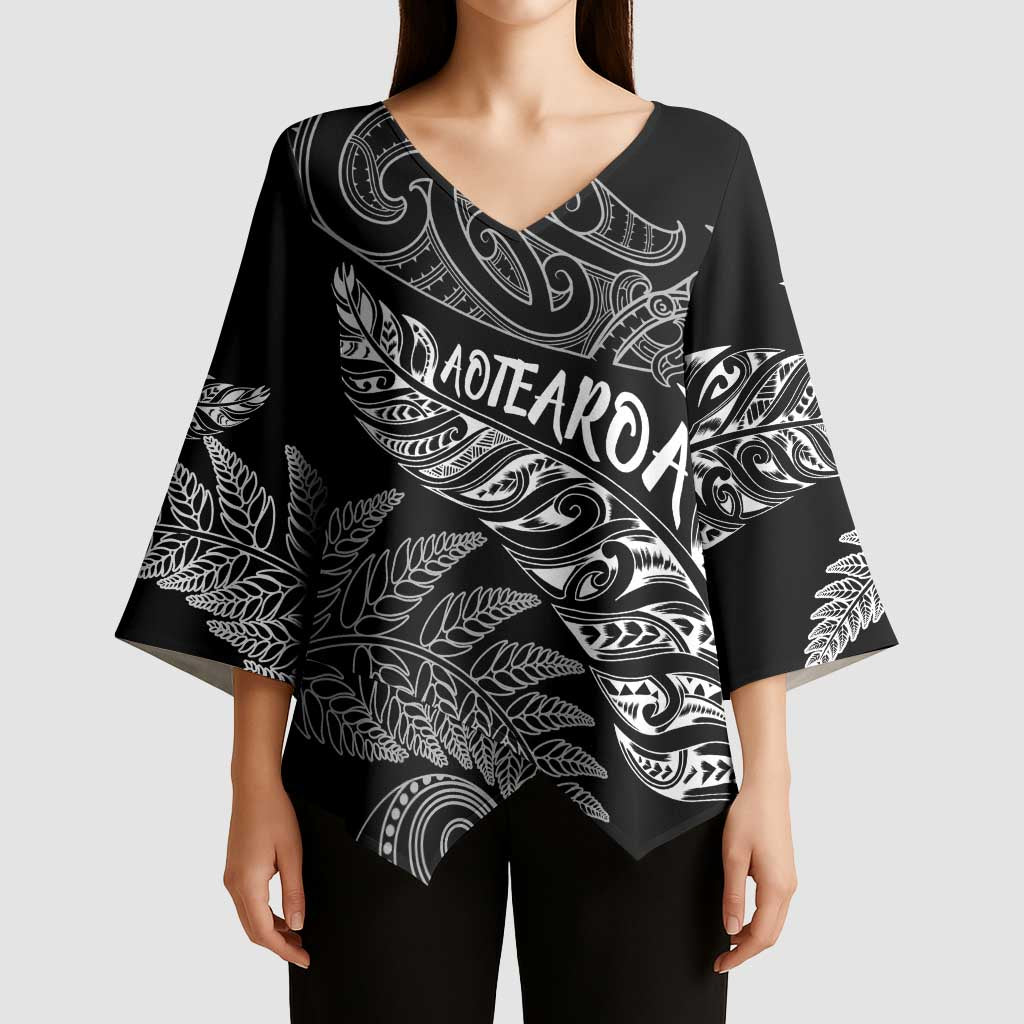 Aotearoa Personalized Lawn Bowls Maori Kimono Sleeve Blouse New Zealand Black Tribal Silver Fern LT7 - Polynesian Pride