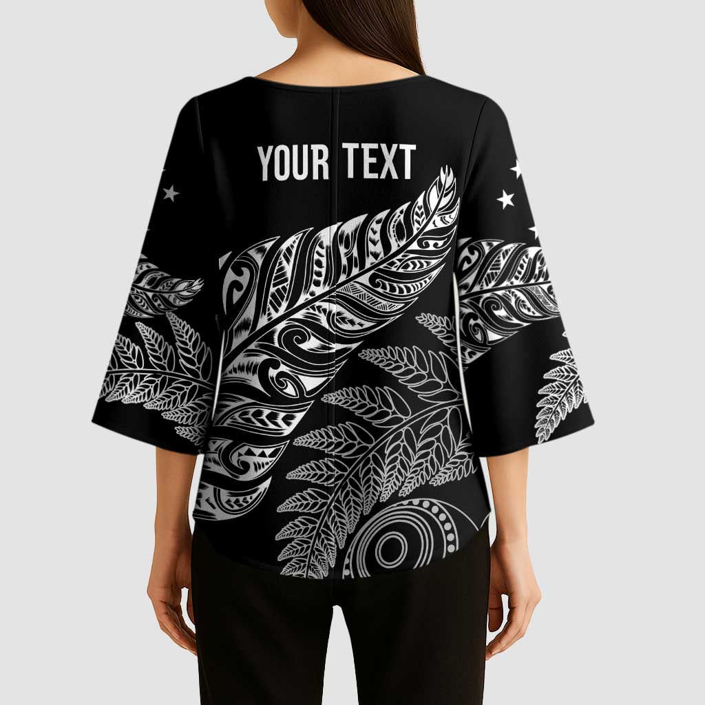 Aotearoa Personalized Lawn Bowls Maori Kimono Sleeve Blouse New Zealand Black Tribal Silver Fern LT7 - Polynesian Pride