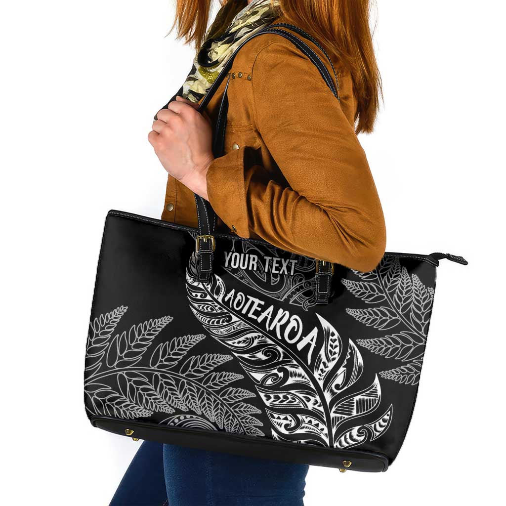 Aotearoa Personalized Lawn Bowls Maori Leather Tote Bag New Zealand Black Tribal Silver Fern LT7 Black - Polynesian Pride