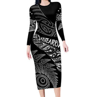 Aotearoa Personalized Lawn Bowls Maori Long Sleeve Bodycon Dress New Zealand Black Tribal Silver Fern LT7 Long Dress Black - Polynesian Pride