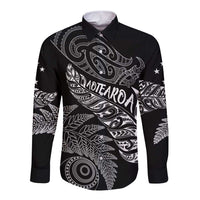 Aotearoa Personalized Lawn Bowls Maori Long Sleeve Button Shirt New Zealand Black Tribal Silver Fern LT7 Unisex Black - Polynesian Pride