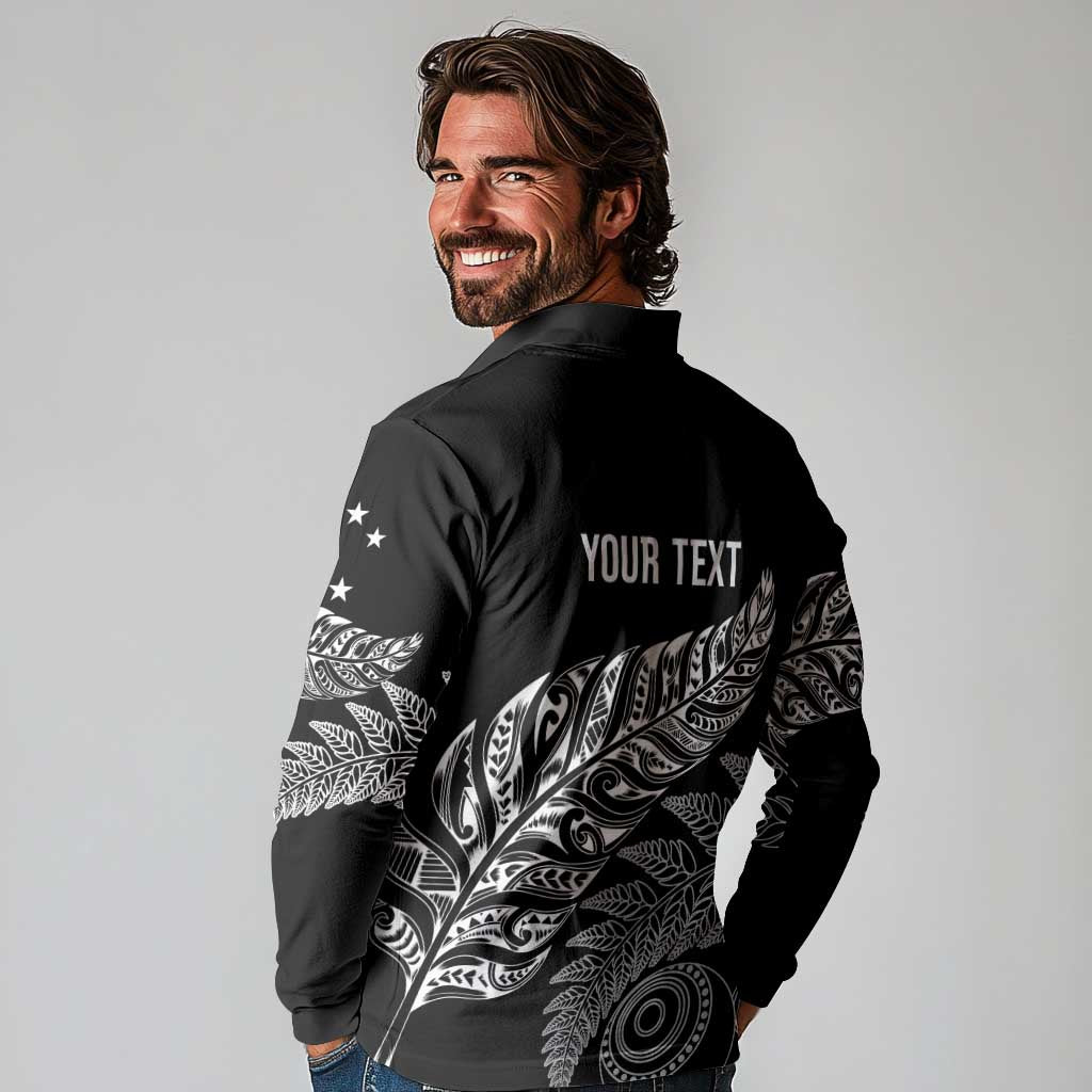 Aotearoa Personalized Lawn Bowls Maori Long Sleeve Polo Shirt New Zealand Black Tribal Silver Fern - Polynesian Pride