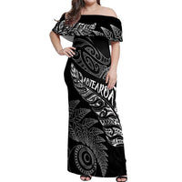Aotearoa Personalized Lawn Bowls Maori Off Shoulder Maxi Dress New Zealand Black Tribal Silver Fern LT7 Women Black - Polynesian Pride
