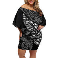 Aotearoa Personalized Lawn Bowls Maori Off Shoulder Short Dress New Zealand Black Tribal Silver Fern LT7 Women Black - Polynesian Pride