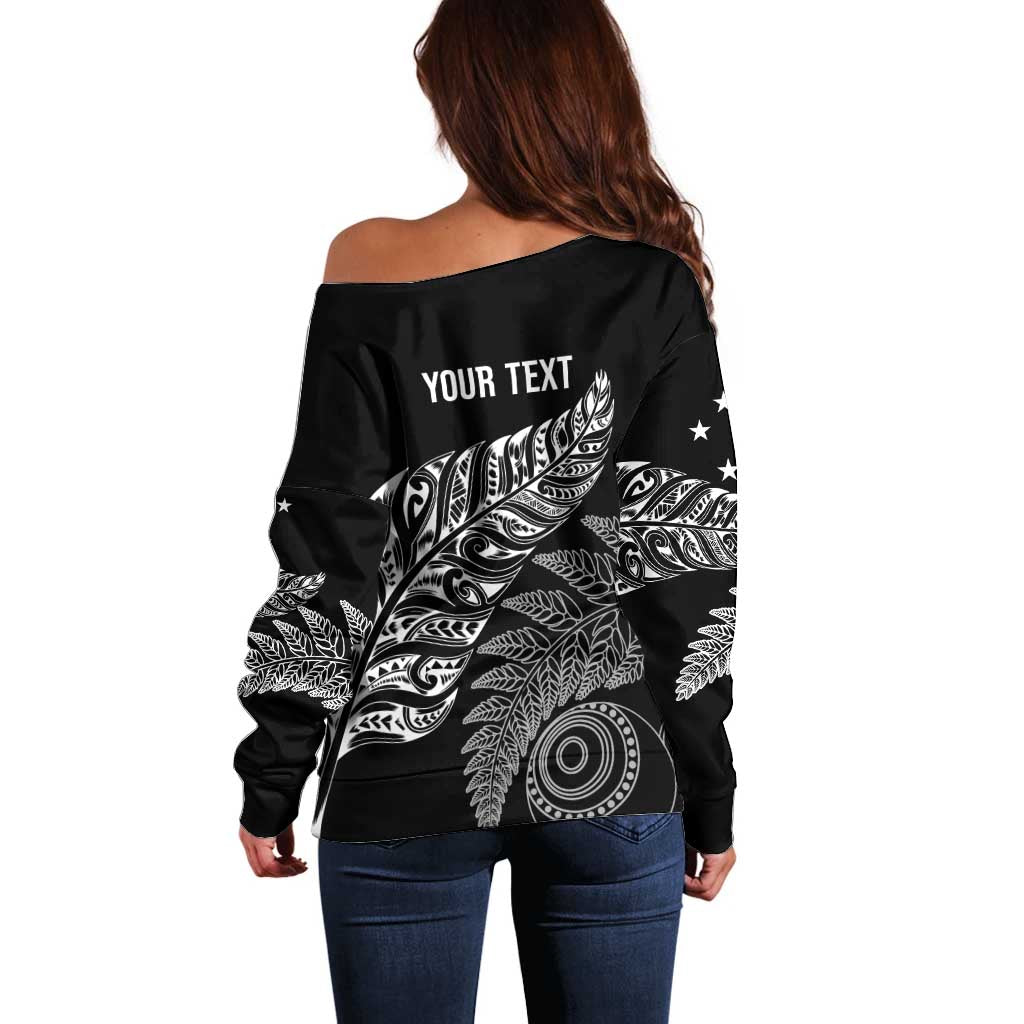 Aotearoa Personalized Lawn Bowls Maori Off Shoulder Sweater New Zealand Black Tribal Silver Fern LT7 - Polynesian Pride