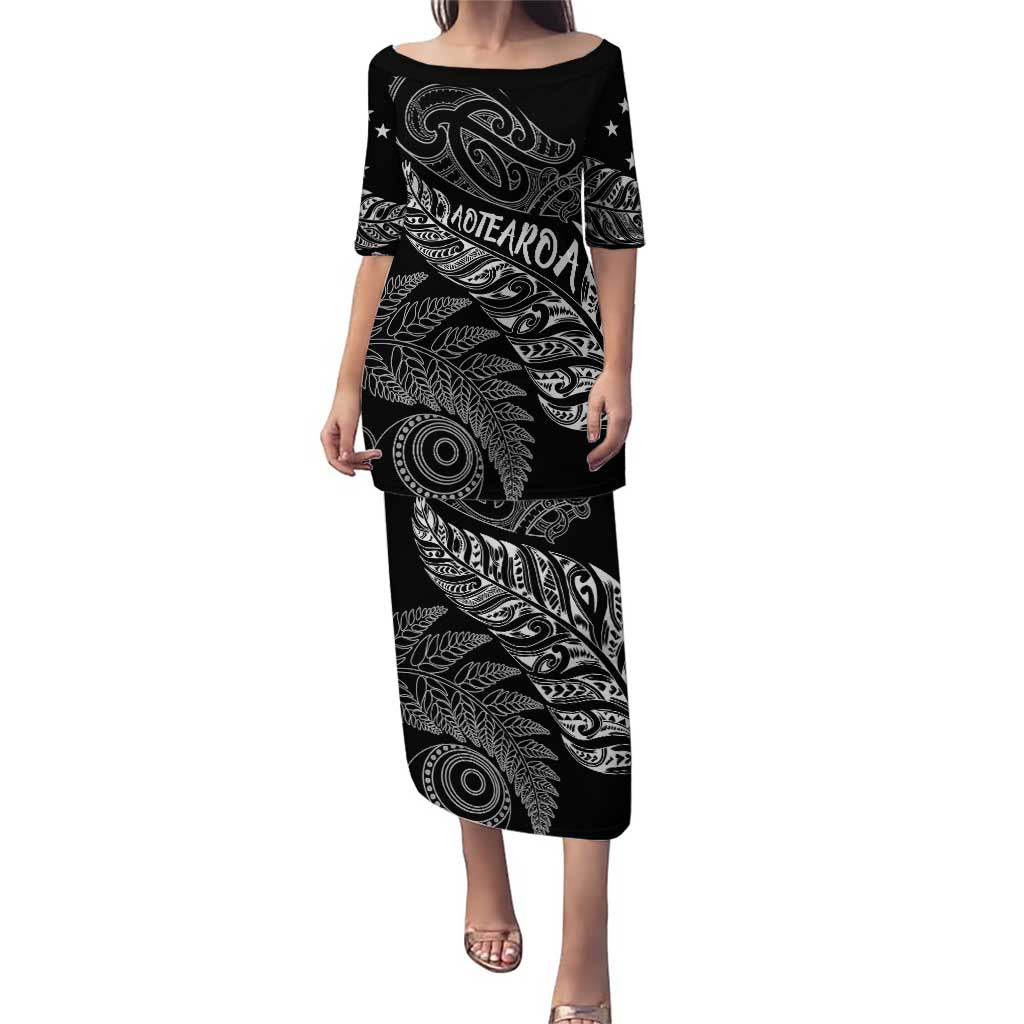 Aotearoa Personalized Lawn Bowls Maori Puletasi New Zealand Black Tribal Silver Fern LT7 Long Dress Black - Polynesian Pride