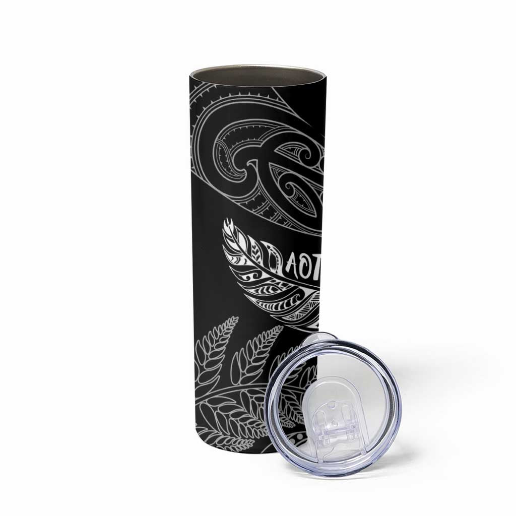 Aotearoa Personalized Lawn Bowls Maori Skinny Tumbler New Zealand Black Tribal Silver Fern LT7 - Polynesian Pride