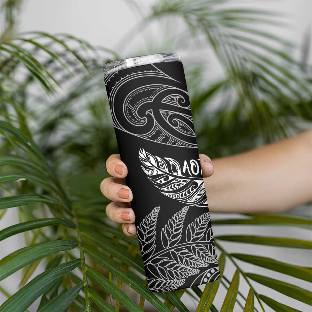 Aotearoa Personalized Lawn Bowls Maori Skinny Tumbler New Zealand Black Tribal Silver Fern LT7 - Polynesian Pride