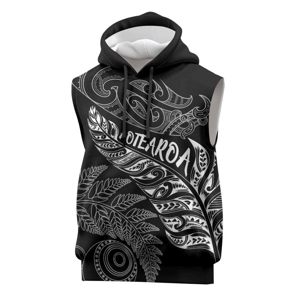 Aotearoa Personalized Lawn Bowls Maori Sleeveless Hoodie New Zealand Black Tribal Silver Fern LT7 Black - Polynesian Pride