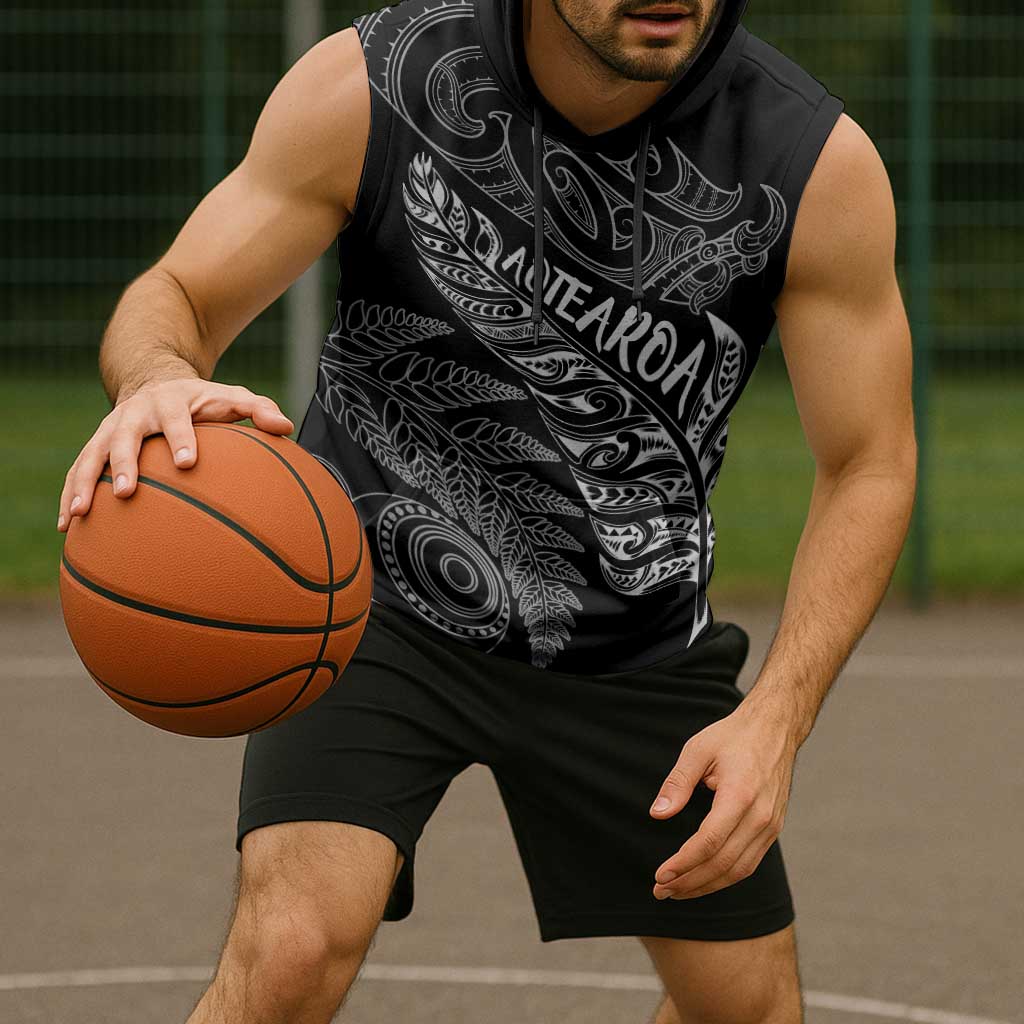 Aotearoa Personalized Lawn Bowls Maori Sleeveless Hoodie New Zealand Black Tribal Silver Fern LT7 - Polynesian Pride