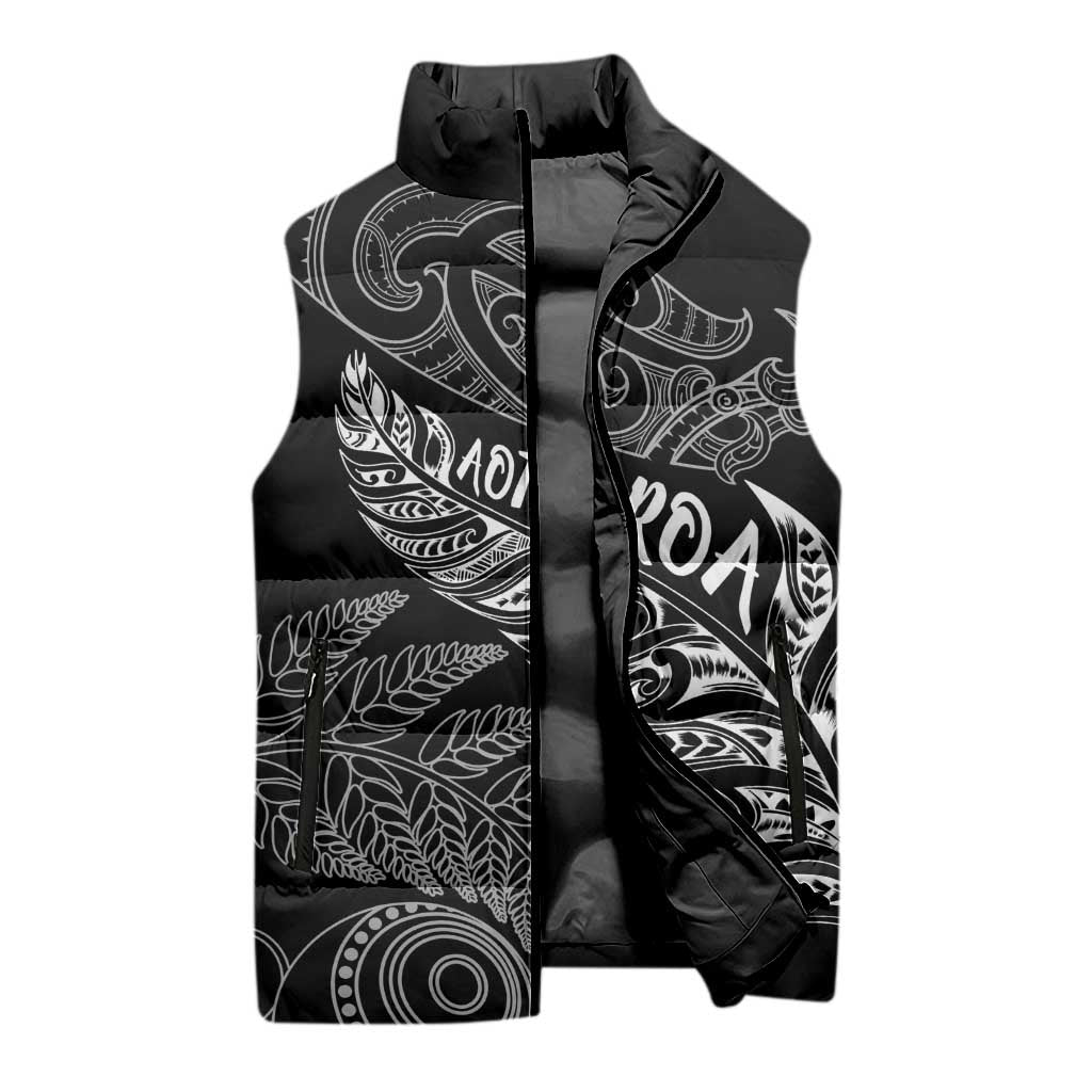 Aotearoa Personalized Lawn Bowls Maori Sleeveless Puffer Jacket New Zealand Black Tribal Silver Fern LT7 - Polynesian Pride
