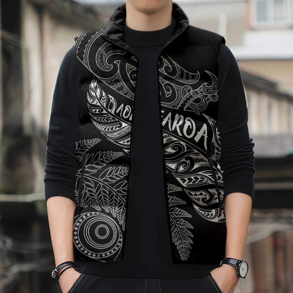 Aotearoa Personalized Lawn Bowls Maori Sleeveless Puffer Jacket New Zealand Black Tribal Silver Fern LT7 - Polynesian Pride