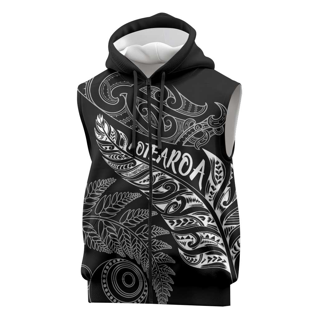 Aotearoa Personalized Lawn Bowls Maori Sleeveless Zip Hoodie New Zealand Black Tribal Silver Fern LT7 Black - Polynesian Pride
