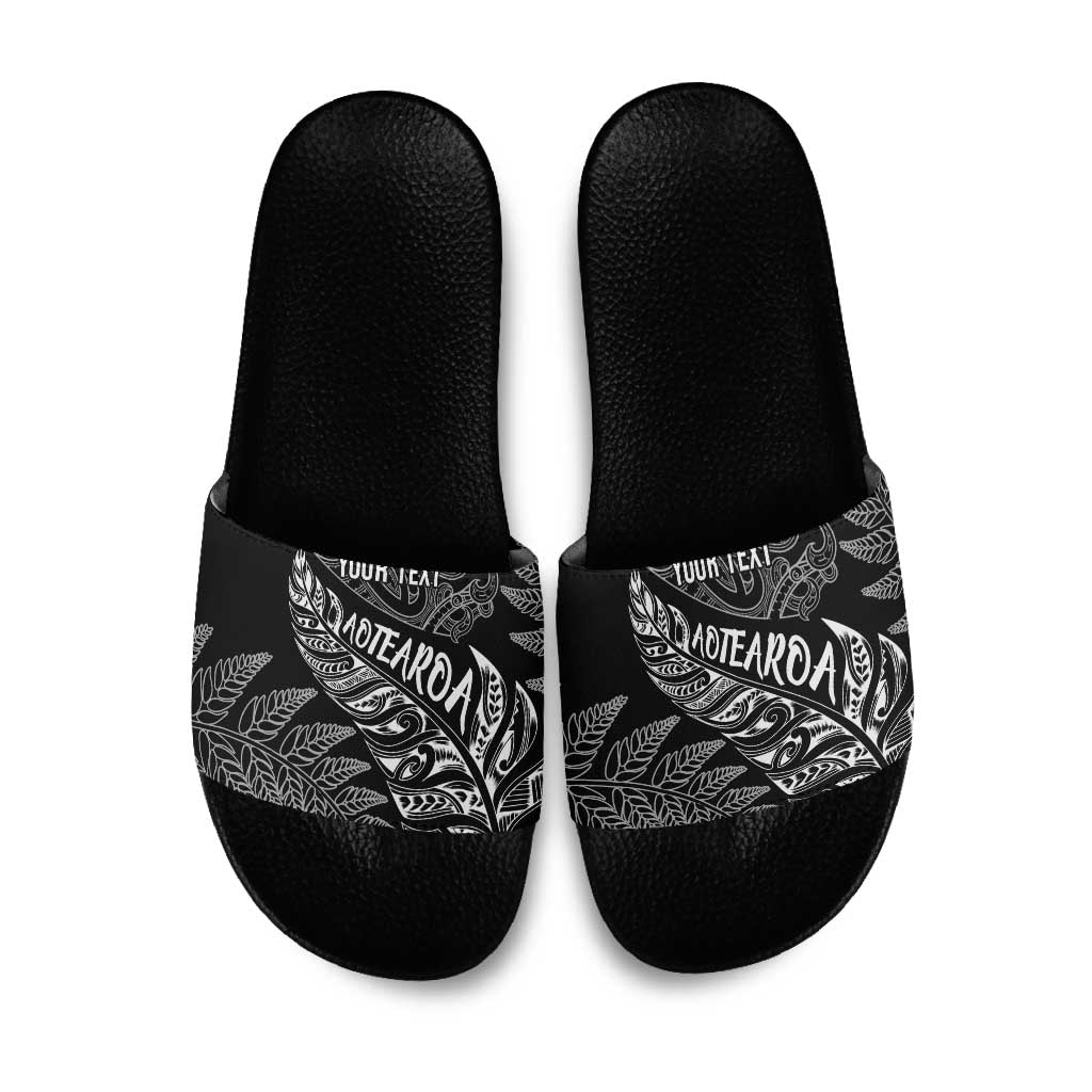 Aotearoa Personalized Lawn Bowls Maori Slide Sandals New Zealand Black Tribal Silver Fern LT7 Black - Polynesian Pride