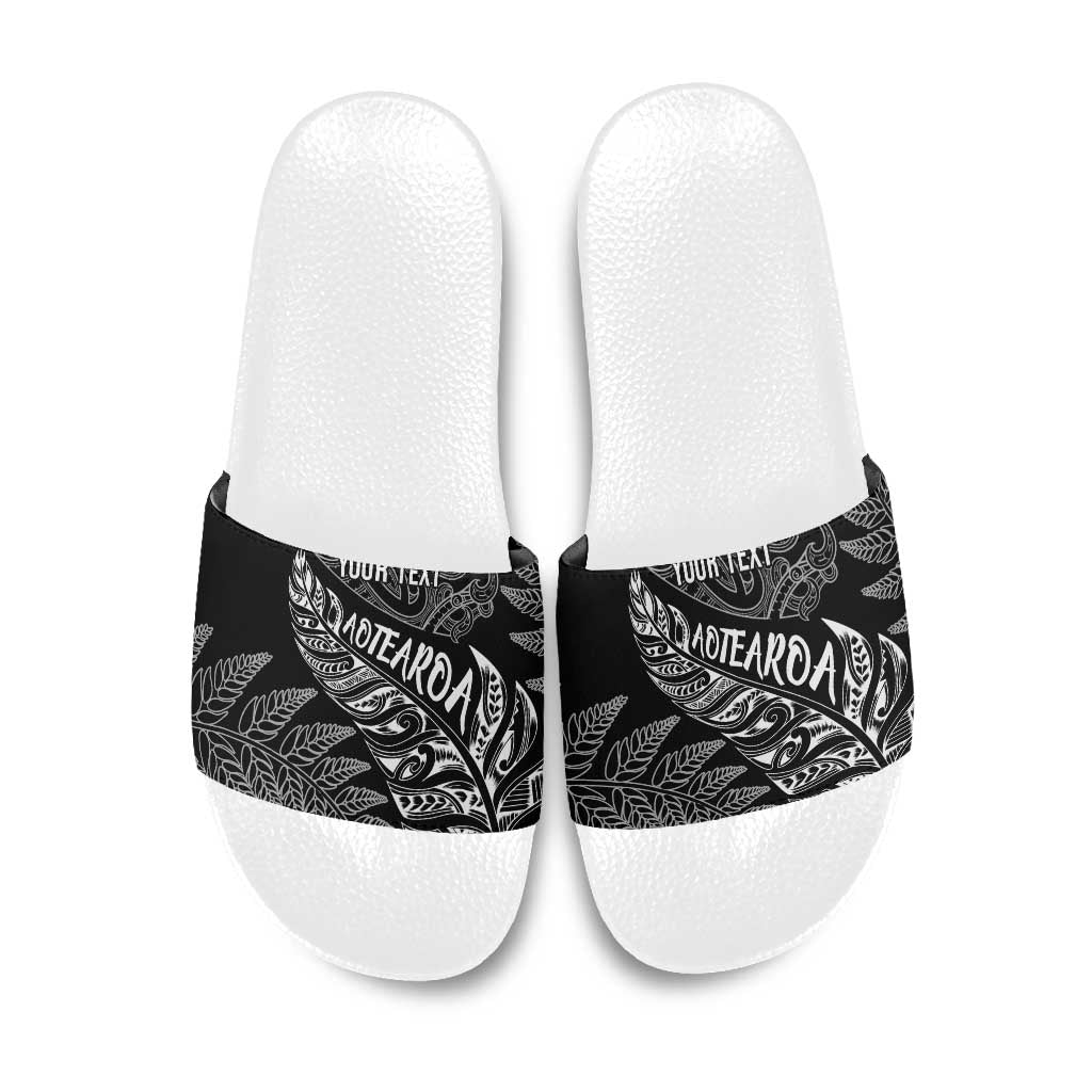 Aotearoa Personalized Lawn Bowls Maori Slide Sandals New Zealand Black Tribal Silver Fern LT7 Black - Polynesian Pride