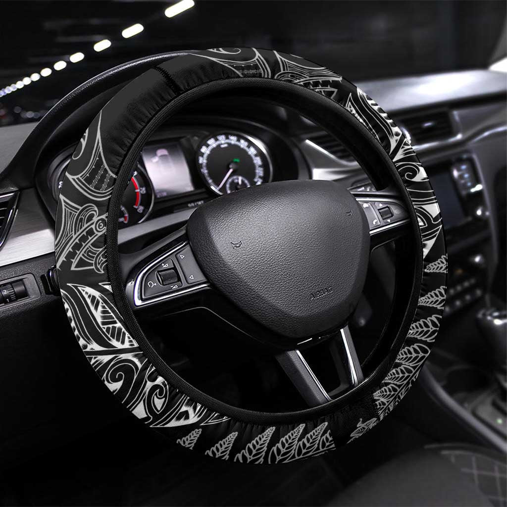 Aotearoa Lawn Bowls Maori Steering Wheel Cover New Zealand Black Tribal Silver Fern LT7 Universal Fit Black - Polynesian Pride