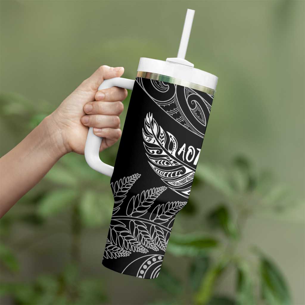 Aotearoa Personalized Lawn Bowls Maori Tumbler With Handle New Zealand Black Tribal Silver Fern LT7 - Polynesian Pride