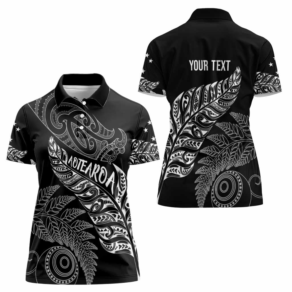 Aotearoa Personalized Lawn Bowls Maori Women Polo Shirt New Zealand Black Tribal Silver Fern - Polynesian Pride