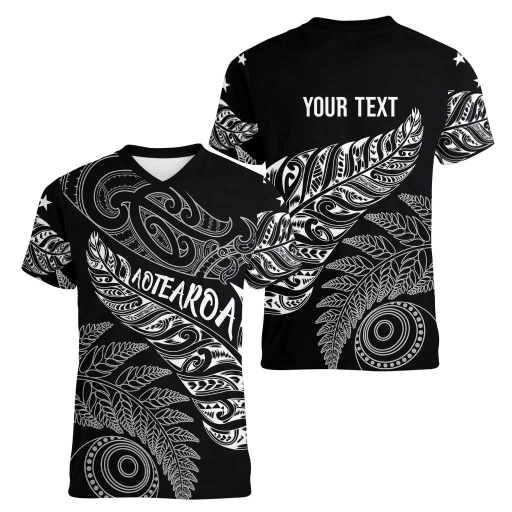 Aotearoa Personalized Lawn Bowls Maori Women V-Neck T-Shirt New Zealand Black Tribal Silver Fern LT7 - Polynesian Pride