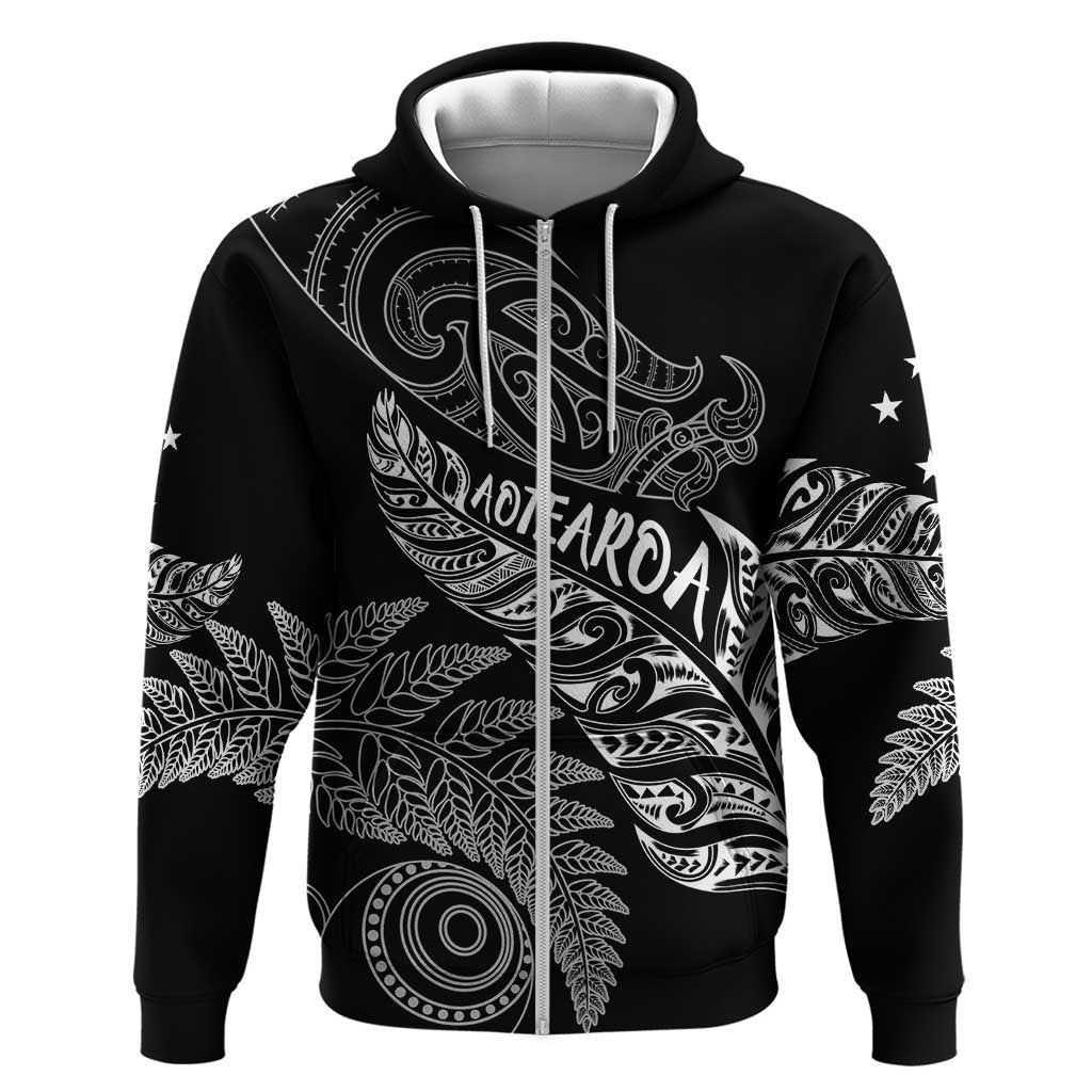 Aotearoa Personalized Lawn Bowls Maori Zip Hoodie New Zealand Black Tribal Silver Fern LT7 Zip Hoodie Black - Polynesian Pride