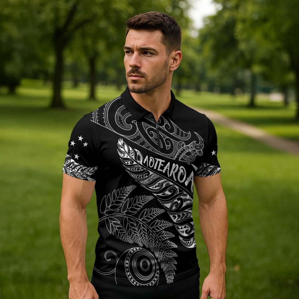 Aotearoa Personalized Lawn Bowls Maori Zipper Polo Shirt New Zealand Black Tribal Silver Fern - Polynesian Pride