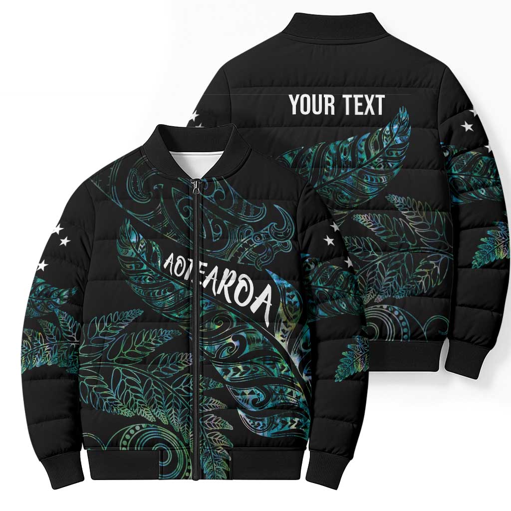 Aotearoa Personalized Lawn Bowls Maori Bomber Puffer Jacket New Zealand Paua Shell Tribal Silver Fern - Polynesian Pride