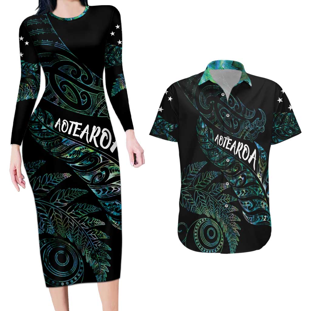 Aotearoa Personalized Lawn Bowls Maori Couples Matching Long Sleeve Bodycon Dress and Hawaiian Shirt New Zealand Paua Shell Tribal Silver Fern LT7 Green - Polynesian Pride
