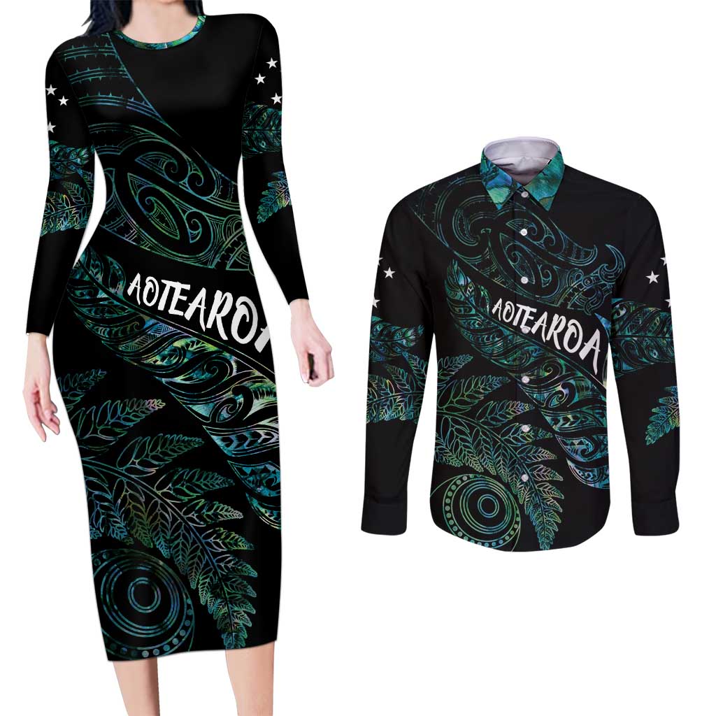 Aotearoa Personalized Lawn Bowls Maori Couples Matching Long Sleeve Bodycon Dress and Long Sleeve Button Shirt New Zealand Paua Shell Tribal Silver Fern LT7 Green - Polynesian Pride