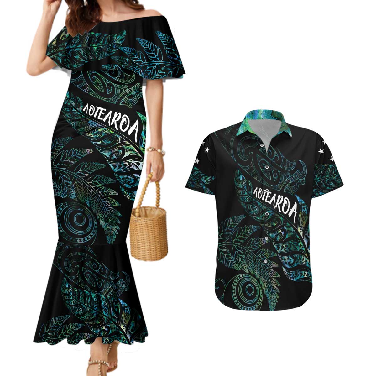 Aotearoa Personalized Lawn Bowls Maori Couples Matching Mermaid Dress and Hawaiian Shirt New Zealand Paua Shell Tribal Silver Fern LT7 Green - Polynesian Pride