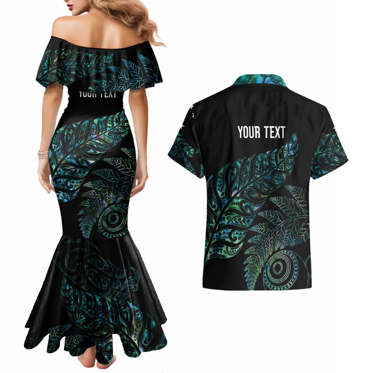 Aotearoa Personalized Lawn Bowls Maori Couples Matching Mermaid Dress and Hawaiian Shirt New Zealand Paua Shell Tribal Silver Fern LT7 - Polynesian Pride