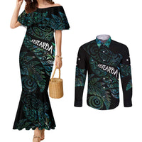 Aotearoa Personalized Lawn Bowls Maori Couples Matching Mermaid Dress and Long Sleeve Button Shirt New Zealand Paua Shell Tribal Silver Fern LT7 Green - Polynesian Pride