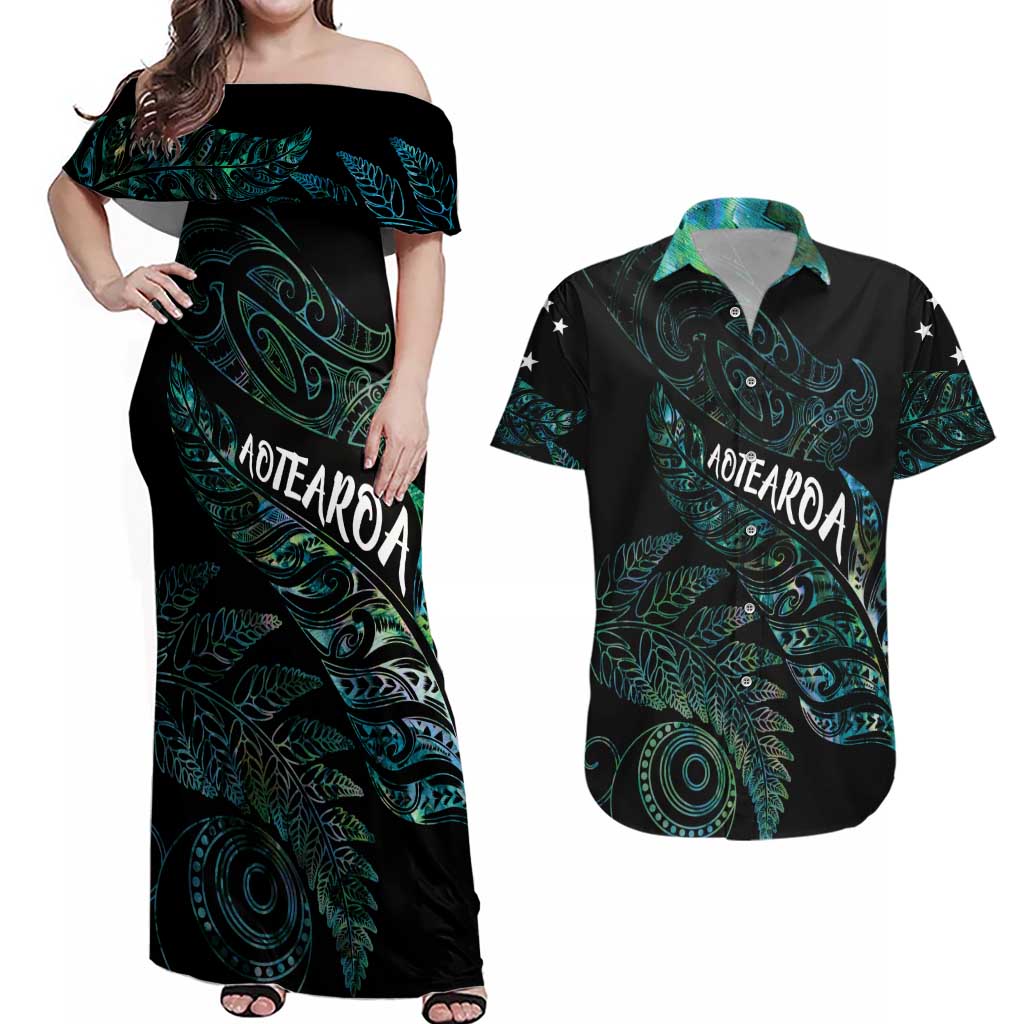 Aotearoa Personalized Lawn Bowls Maori Couples Matching Off Shoulder Maxi Dress and Hawaiian Shirt New Zealand Paua Shell Tribal Silver Fern - Polynesian Pride