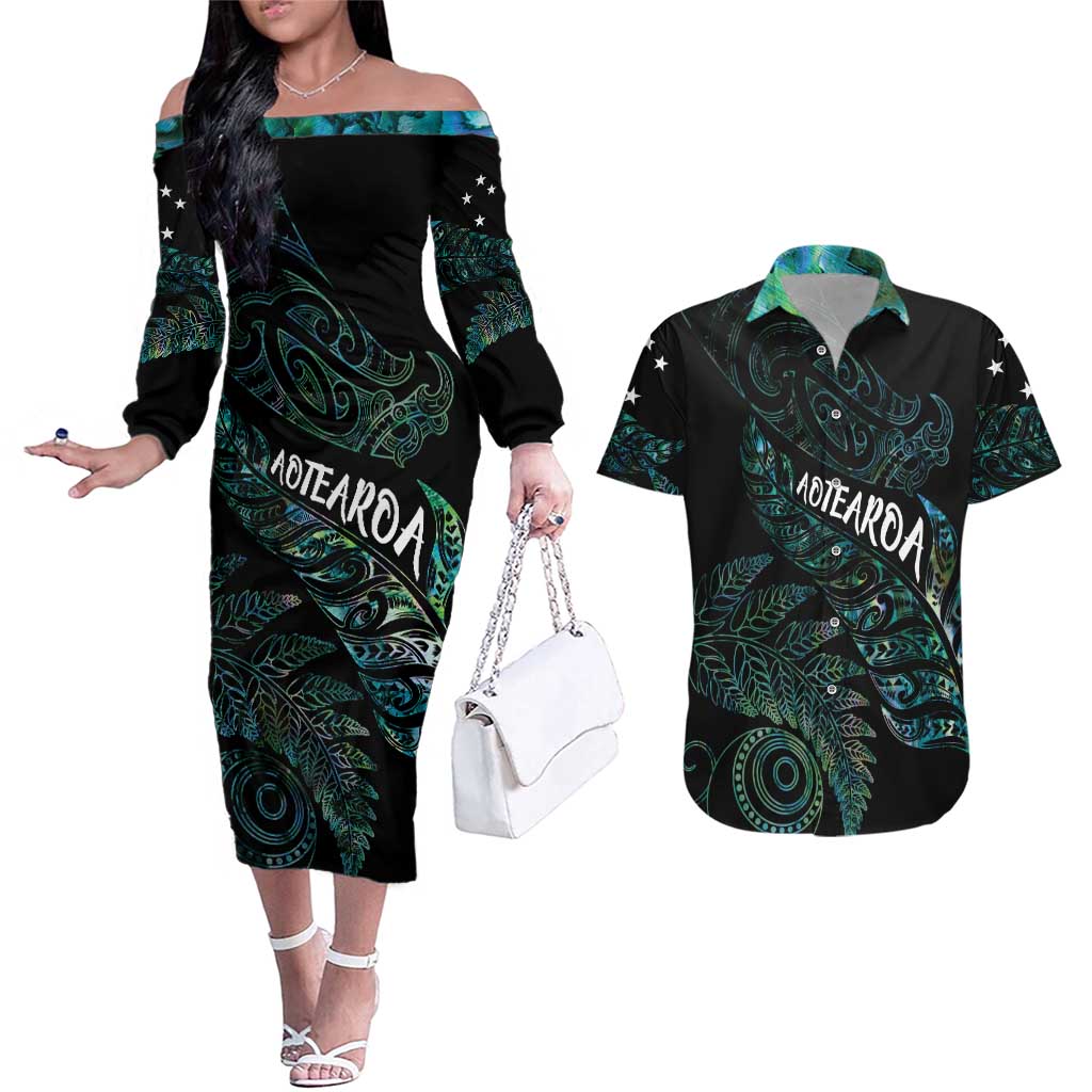 Aotearoa Personalized Lawn Bowls Maori Couples Matching Off The Shoulder Long Sleeve Dress and Hawaiian Shirt New Zealand Paua Shell Tribal Silver Fern LT7 Green - Polynesian Pride