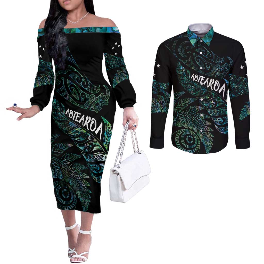Aotearoa Personalized Lawn Bowls Maori Couples Matching Off The Shoulder Long Sleeve Dress and Long Sleeve Button Shirt New Zealand Paua Shell Tribal Silver Fern LT7 Green - Polynesian Pride