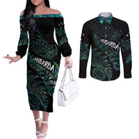 Aotearoa Personalized Lawn Bowls Maori Couples Matching Off The Shoulder Long Sleeve Dress and Long Sleeve Button Shirt New Zealand Paua Shell Tribal Silver Fern LT7 Green - Polynesian Pride
