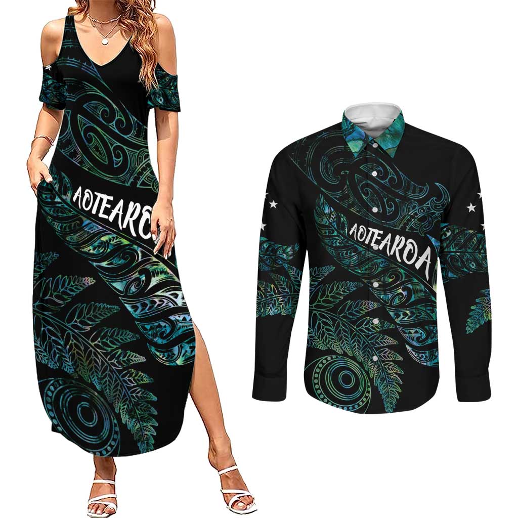 Aotearoa Personalized Lawn Bowls Maori Couples Matching Summer Maxi Dress and Long Sleeve Button Shirt New Zealand Paua Shell Tribal Silver Fern LT7 Green - Polynesian Pride