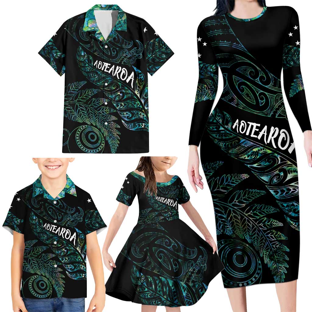 Aotearoa Personalized Lawn Bowls Maori Family Matching Long Sleeve Bodycon Dress and Hawaiian Shirt New Zealand Paua Shell Tribal Silver Fern - Polynesian Pride