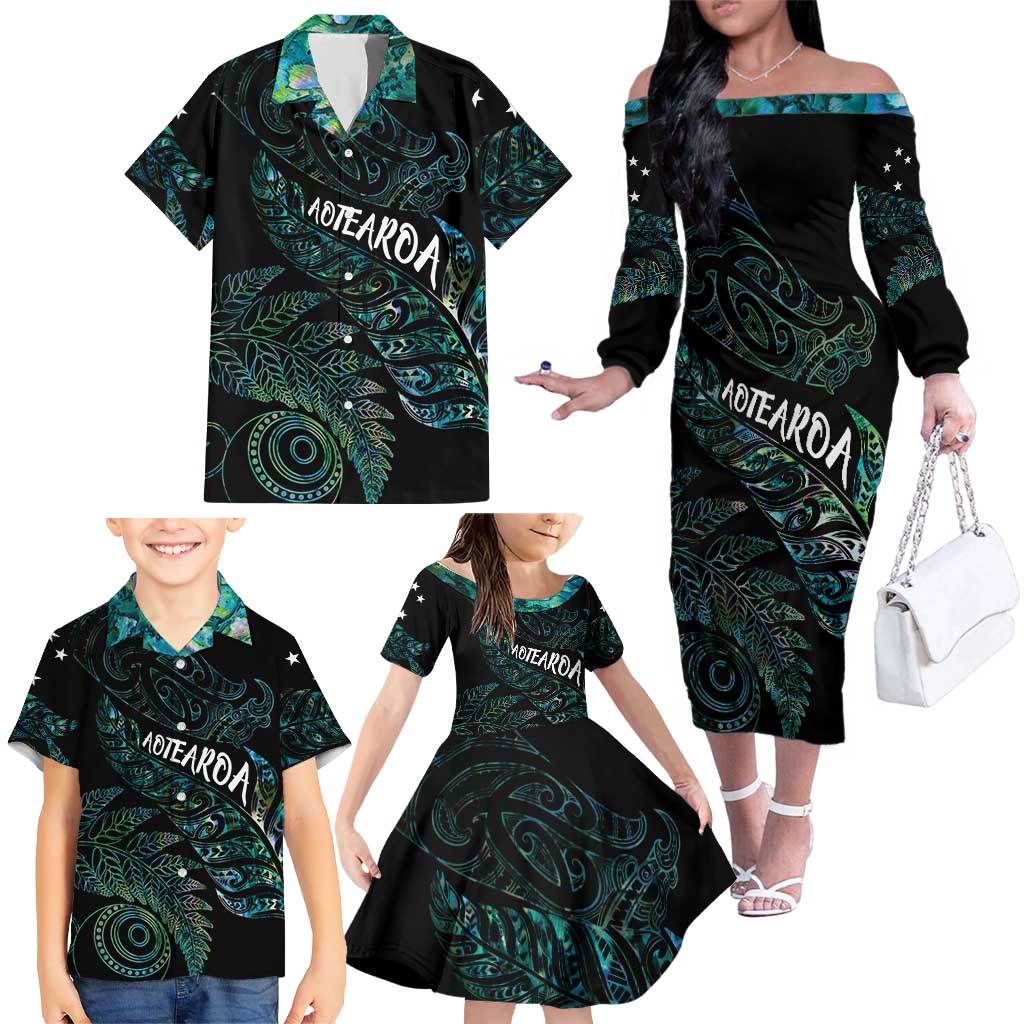 Aotearoa Personalized Lawn Bowls Maori Family Matching Off The Shoulder Long Sleeve Dress and Hawaiian Shirt New Zealand Paua Shell Tribal Silver Fern LT7 - Polynesian Pride