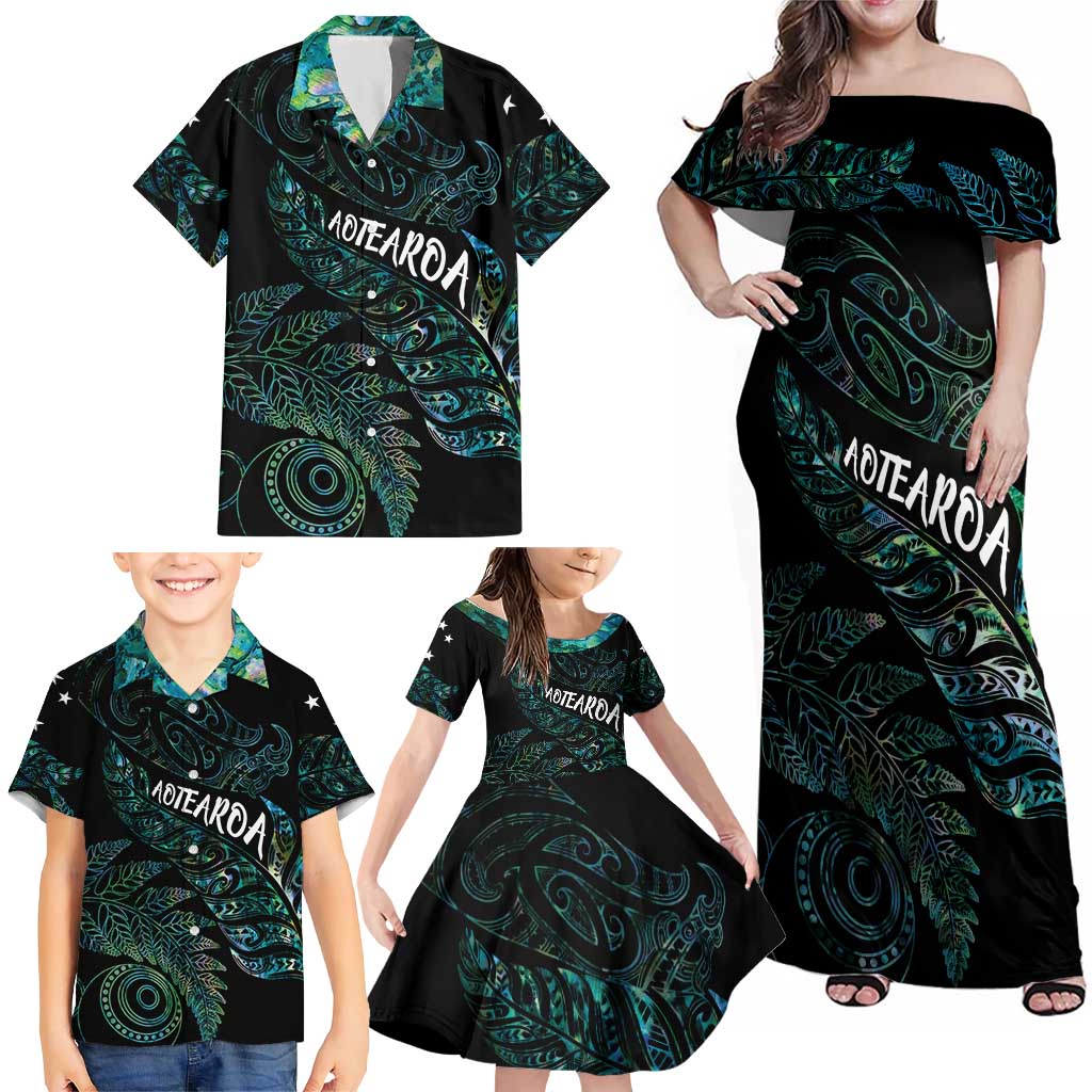 Aotearoa Personalized Lawn Bowls Maori Family Matching Off Shoulder Maxi Dress and Hawaiian Shirt New Zealand Paua Shell Tribal Silver Fern - Polynesian Pride