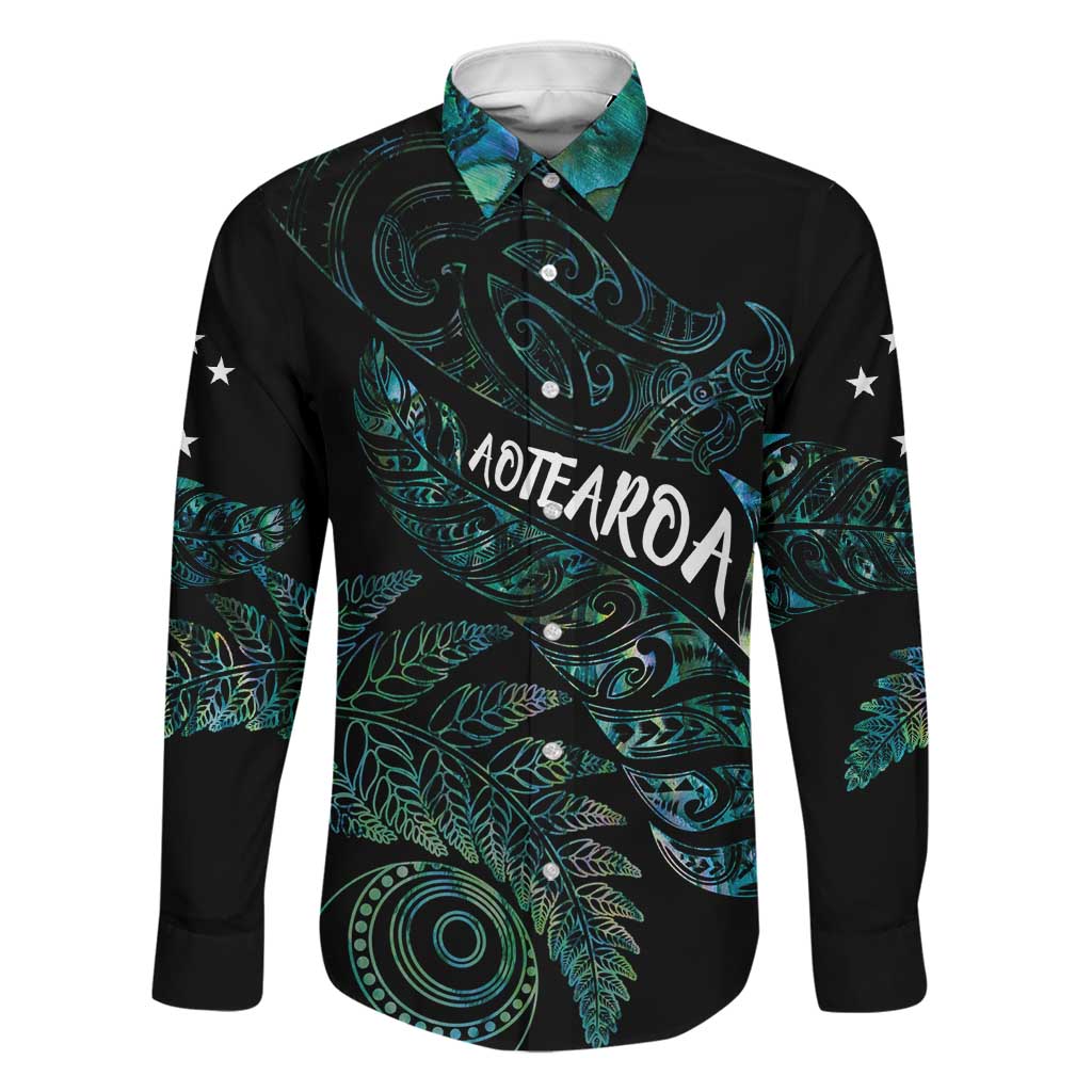 Aotearoa Personalized Lawn Bowls Maori Family Matching Off Shoulder Maxi Dress and Hawaiian Shirt New Zealand Paua Shell Tribal Silver Fern LT7 Dad's Shirt - Long Sleeve Green - Polynesian Pride