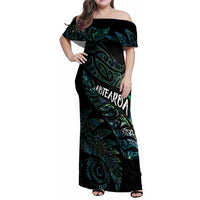 Aotearoa Personalized Lawn Bowls Maori Family Matching Off Shoulder Maxi Dress and Hawaiian Shirt New Zealand Paua Shell Tribal Silver Fern LT7 Mom's Dress Green - Polynesian Pride