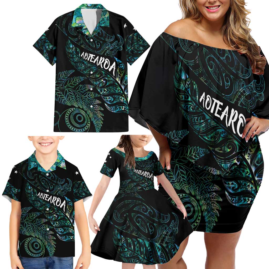 Aotearoa Personalized Lawn Bowls Maori Family Matching Off Shoulder Short Dress and Hawaiian Shirt New Zealand Paua Shell Tribal Silver Fern - Polynesian Pride