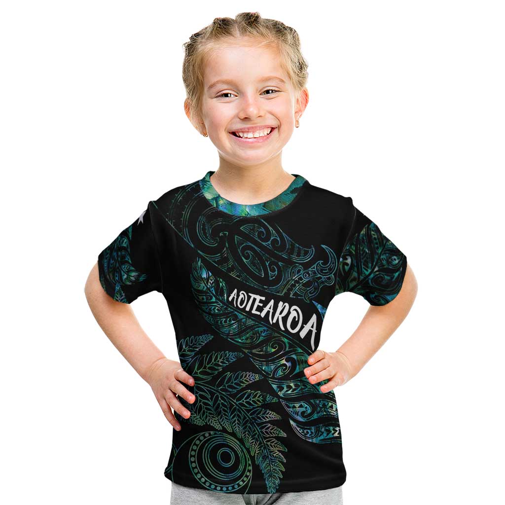 Aotearoa Personalized Lawn Bowls Maori Kid T Shirt New Zealand Paua Shell Tribal Silver Fern - Polynesian Pride