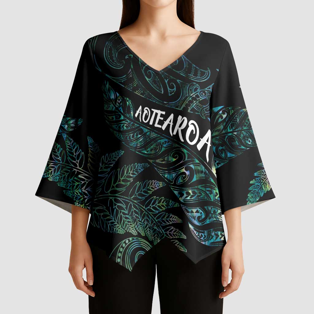Aotearoa Personalized Lawn Bowls Maori Kimono Sleeve Blouse New Zealand Paua Shell Tribal Silver Fern LT7 - Polynesian Pride