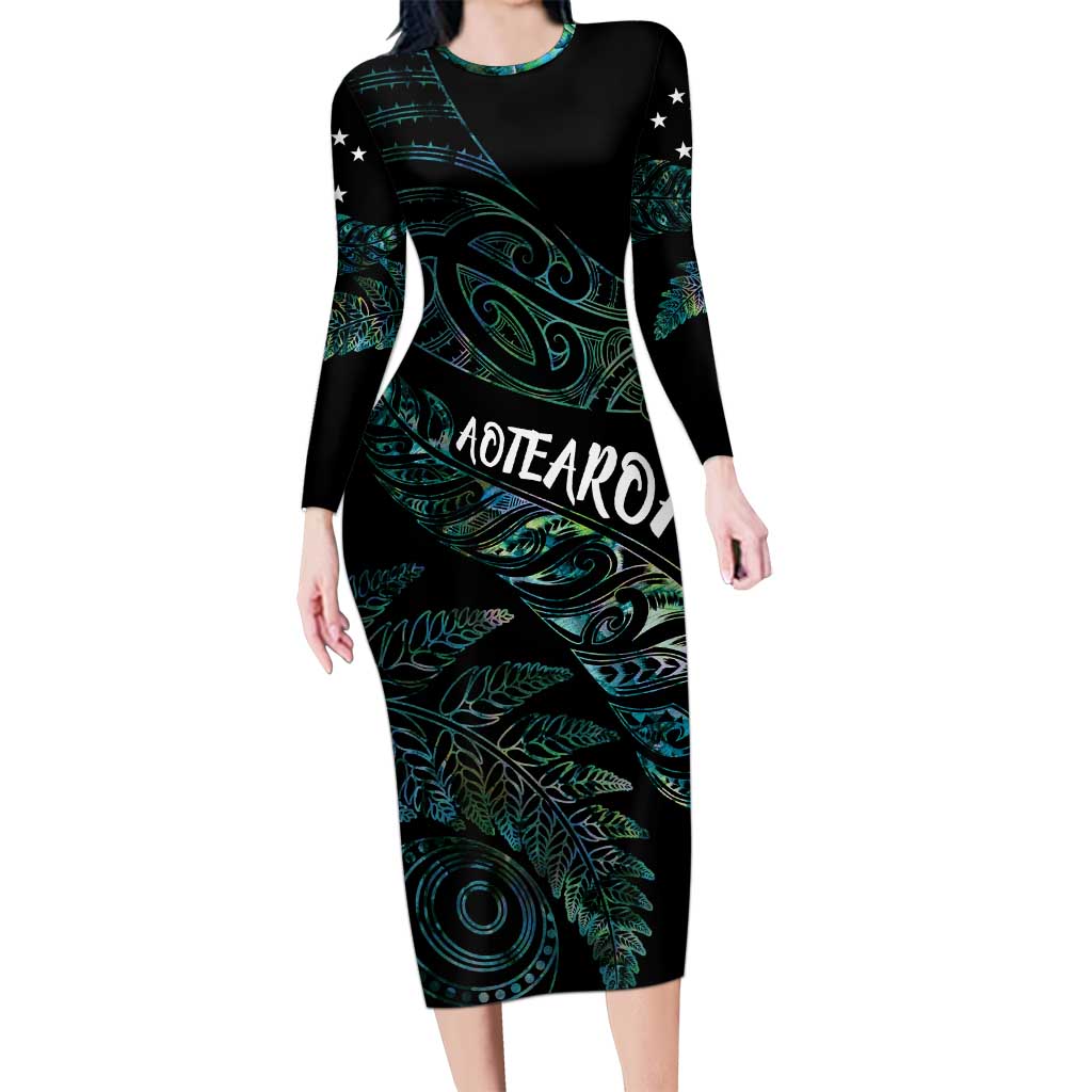 Aotearoa Personalized Lawn Bowls Maori Long Sleeve Bodycon Dress New Zealand Paua Shell Tribal Silver Fern LT7 Long Dress Green - Polynesian Pride